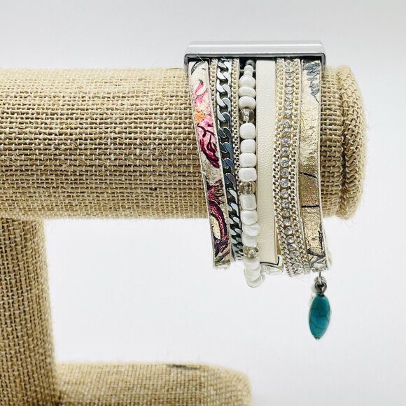 Boho Multi Layer Leather Bracelet with Teal Bead and Magnetic Clasp - Picture 5 of 8